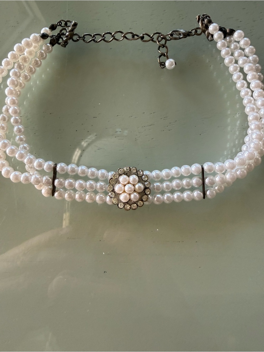 Classic White Pearl Triple-Strand Choker with Rhinestone Accent